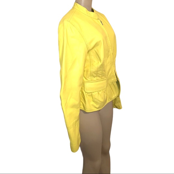 INC Peplum Ruffled Faux Leather Pocketed Cropped Bold Yellow Zip Up Jacket - Picture 4 of 8